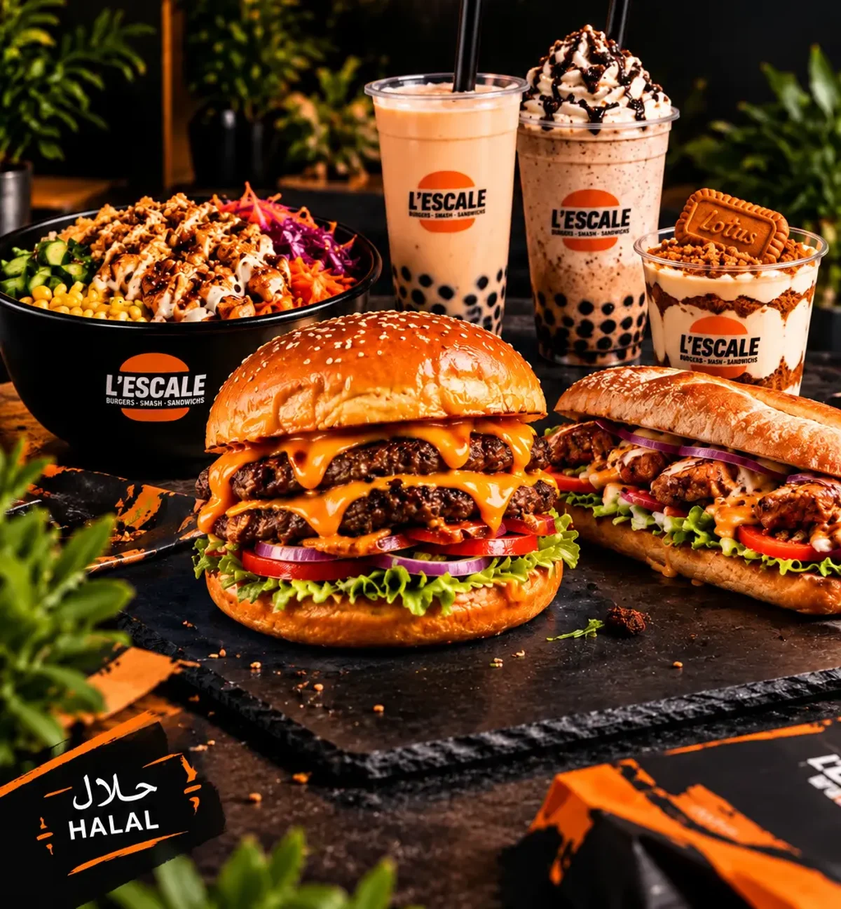 Burger, sandwich, riz, bubble tea et dessert du restaurant halal L'Escale à Metz